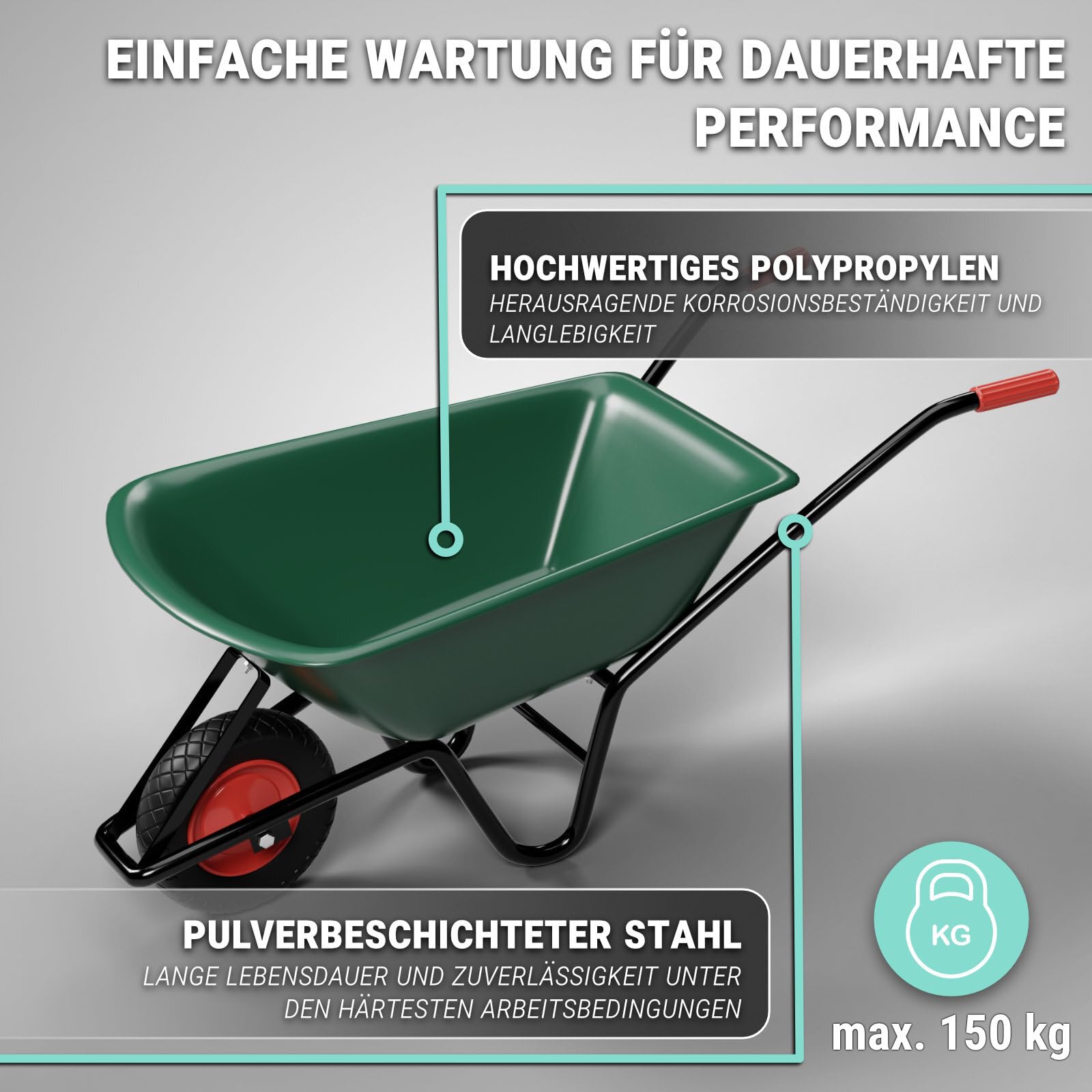 Schubkarre | Robustes Polypropylen | 150kg Tragkraft | 100L Volumen | Luftreifen | Grün | Ergonomischer Griff