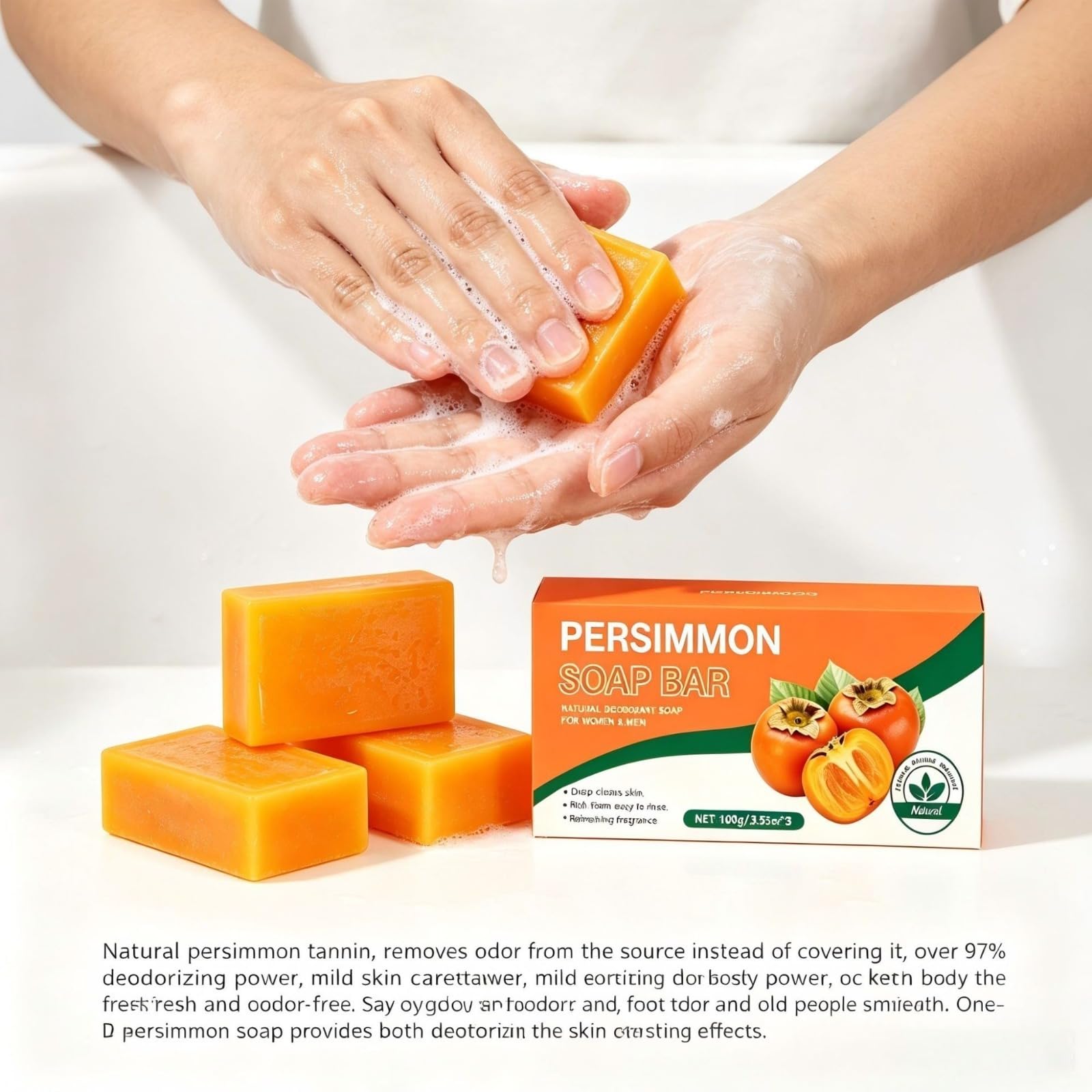 Persimmon Soap Bar, naturalny dezodorant do ciała mydło dla mężczyzn i kobiet, | naturalne mydło do delikatnego i intymnego oczyszczania całego ciała, złuszczająca kontrola zapachu ciała Deep Cleansing Ref