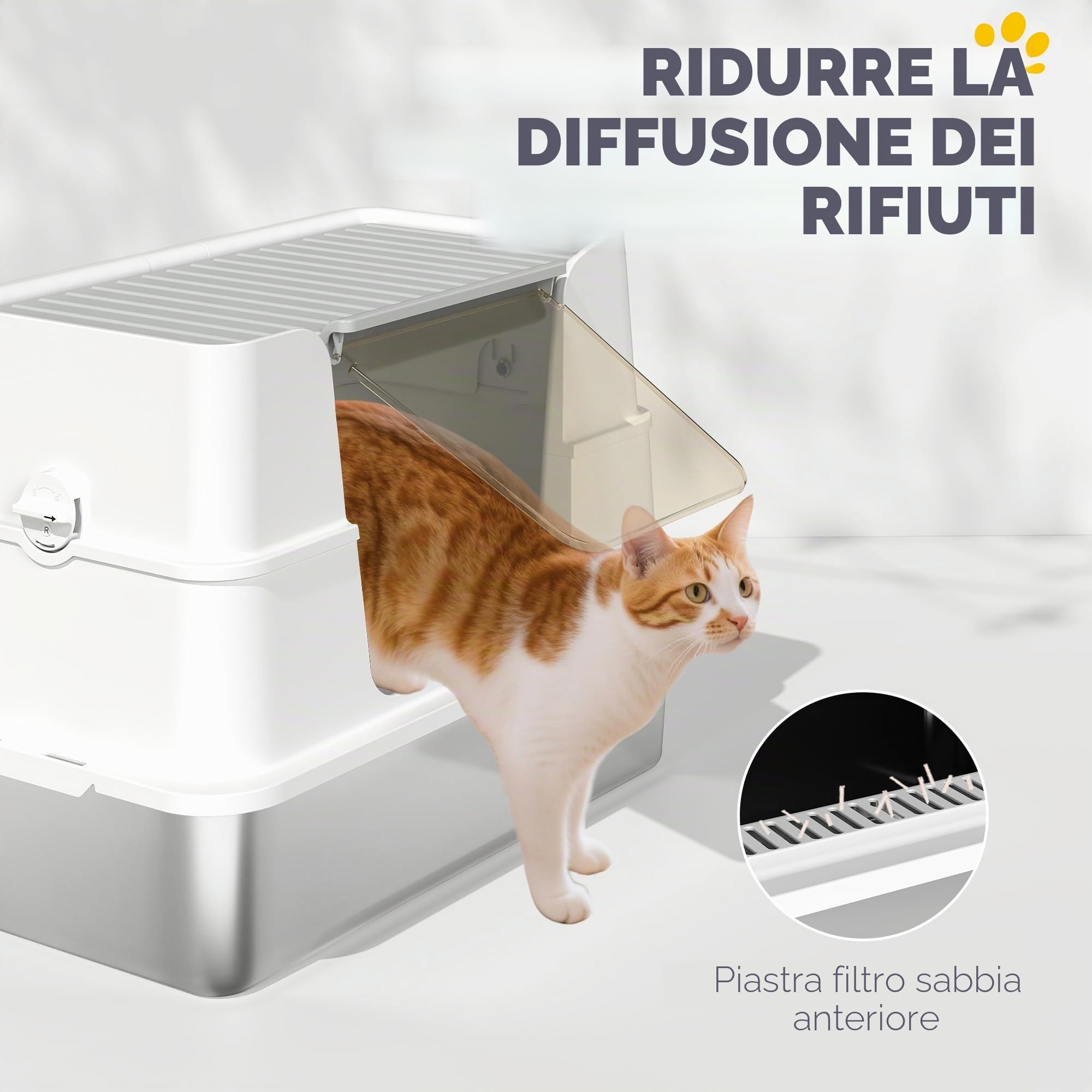 PawHut Lettiera per gatti in acciaio inox con coperchio, XL, con paletta, pedale, facile da pulire, resistente agli odori per gatti di grandi dimensioni fino a 15 kg, 60,2 x 40,2 x 44,5 cm, grigio
