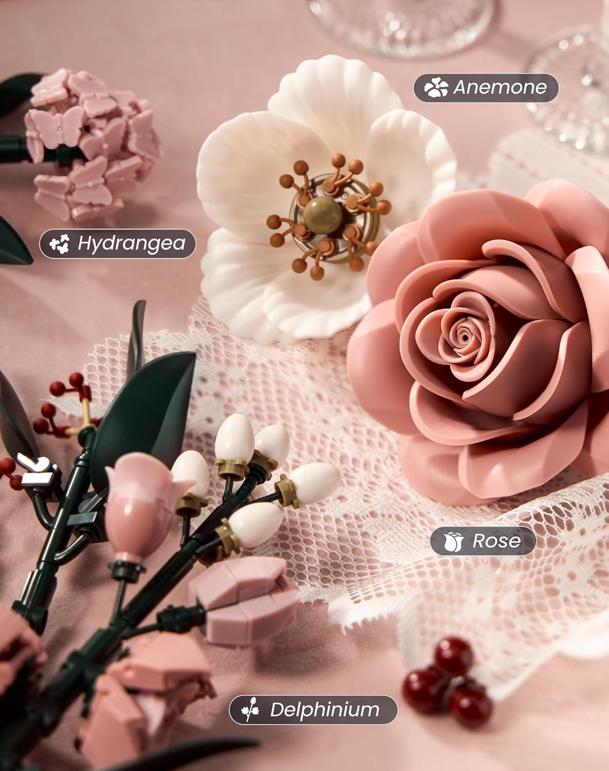 iATOM Pink Roses Flower Bouquet Building Set, Artificial Flowers Botanical Collection Kit for Adults Women & Men - Gift for Valentines Day, Home Room Office Shelf Centerpieces Decor - IA11022 - Image 3