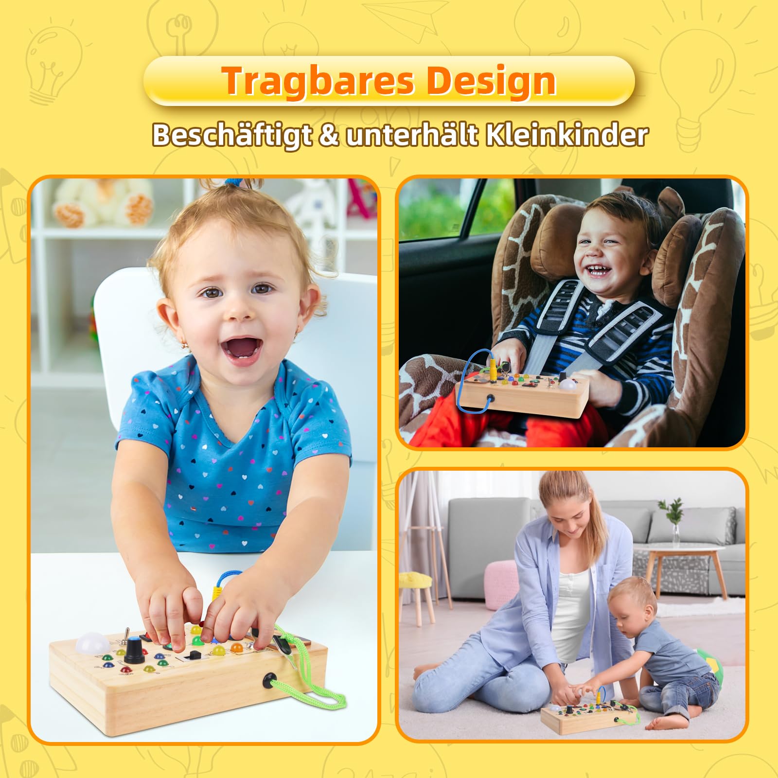 Montessori Spielzeug ab 1 Jahr Busy Board, Baby Motorikspielzeug Activity Board Holzspielzeug ab 1 2 3 Jahre mit Schalter LED-Leuchten, kinderspielzeug Sensorik, Geschenk Junge und Mädch
