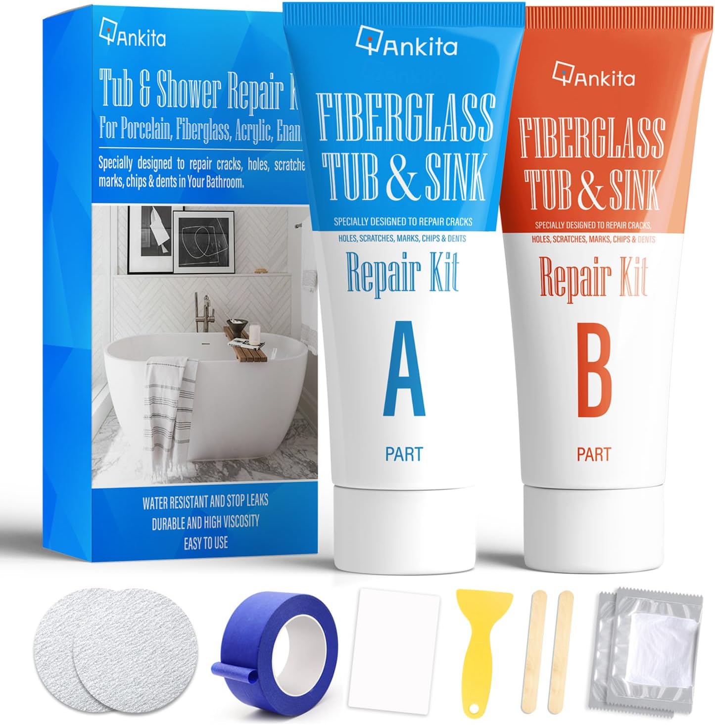 - Tub Repair Kit White, Tub Chip and Bathtub Repair Kit for Enamel, Fiberglass, Acrylic, Porcelain, Patch and Repairs Chips, Crack, Scratches, Rust, Holes on Tubs, Toilet, Sink, Shower, Tray in Bathroom