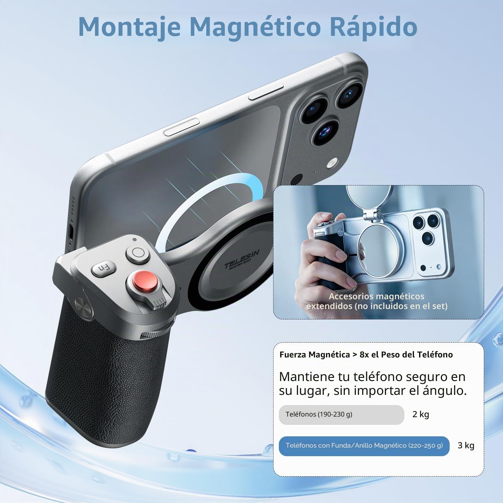 Master Grip para iPhone y Android,Empuñadura de cámara con Batería de 3200 mAh,Carga inalámbrica y Estilo DSLR Agarre para Teléfono(Negro y Plateado)