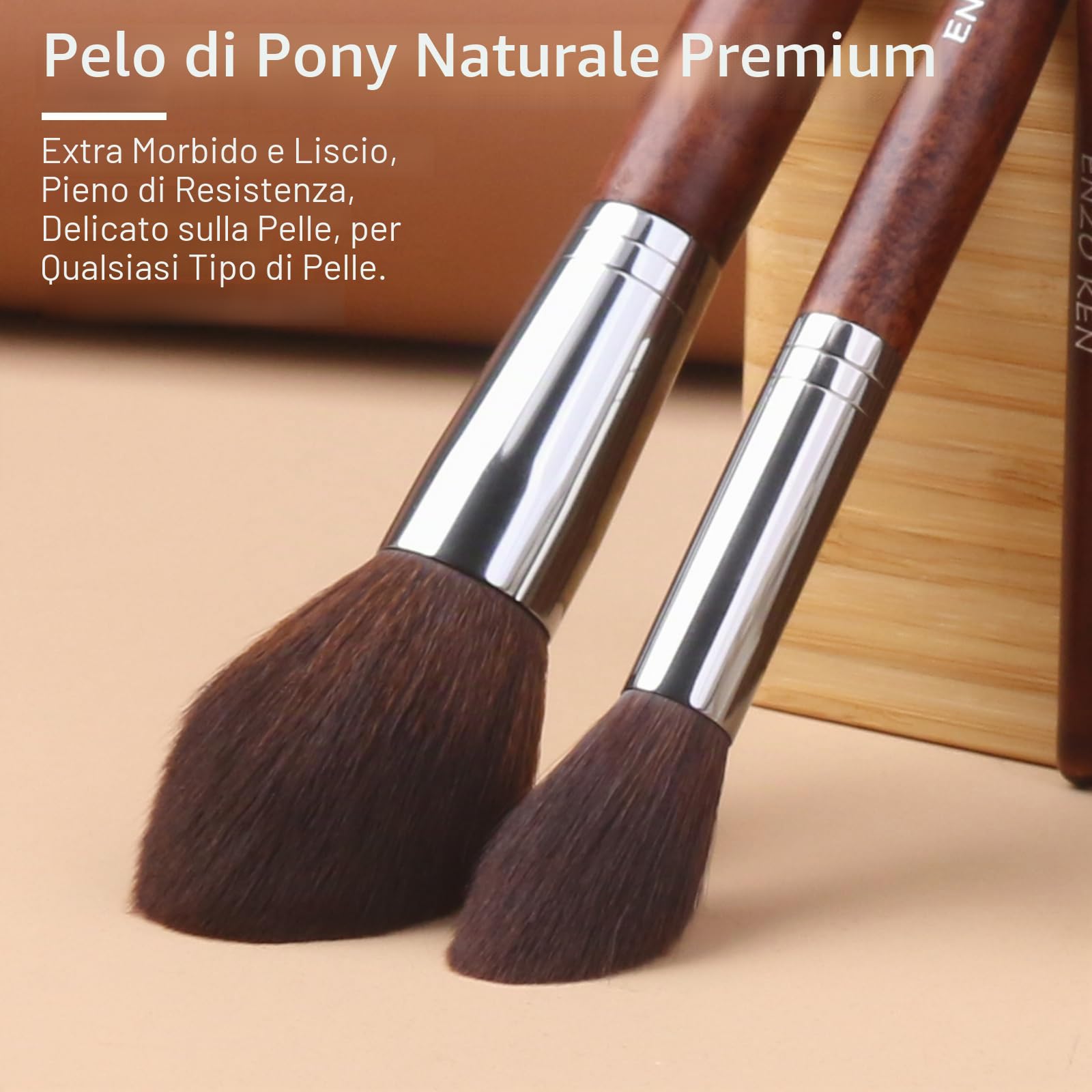 ENZO KEN - Set di pennelli professionali per trucco, con crini di cavallo naturali, con custodia, lussuosi, in legno, pennelli da trucco con setole naturali