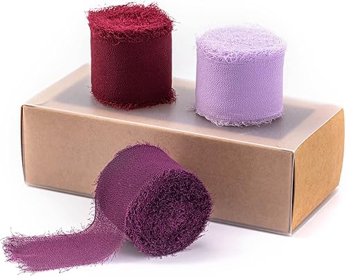 Miniatura 2 de 3 Rolls Chiffon Ribbon 1.5" x 5Yd Purple Silk-Like Handmade Fringe Ribbon Set for Wedding Invitations, Bridal Bouquets, Decorations, Gifts Wrapping,