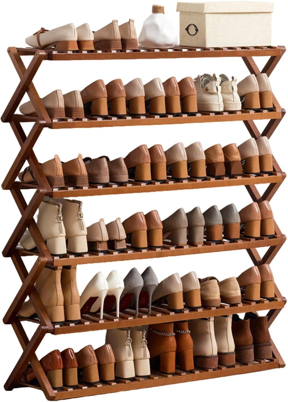 折りたたみ式竹製シューズラック - 6段自立式 玄関ホールやアパートに最適 - 組み立て不要 省スペース 室内用 靴収納 (70cm