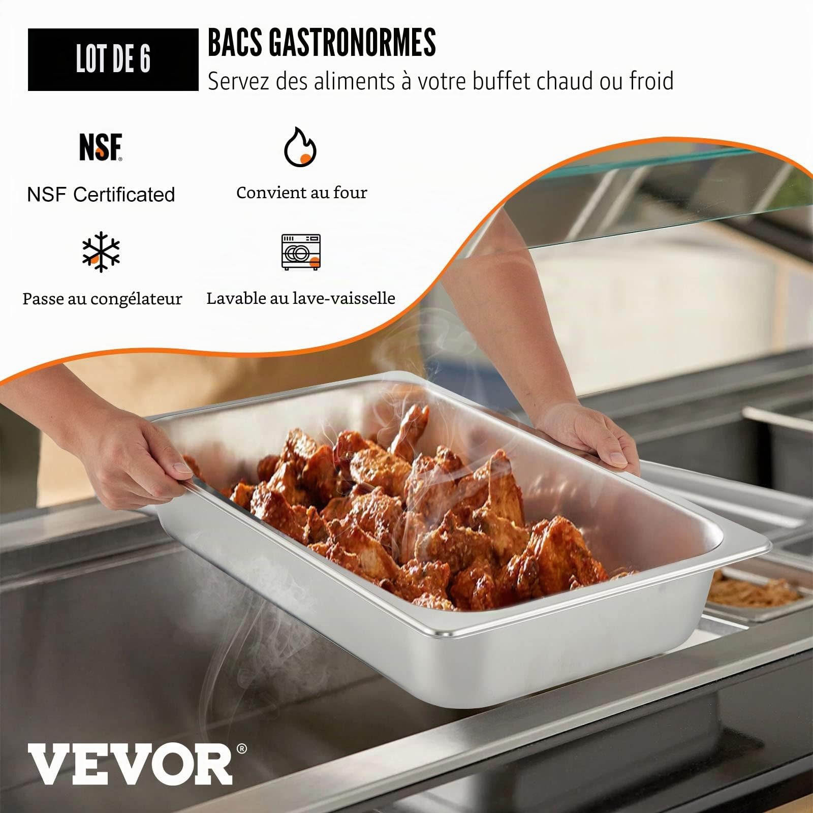 VEVOR Bac Inox Alimentaire Lot de 6 Plats à Four en Acier Inoxydable 13L Épaisseur 0,8mm Bac Poli Rectangulaire Effet Miroir Aliments Chauds et Froids pour Cuisine de Restaurant Gril Gâteaux Tartes