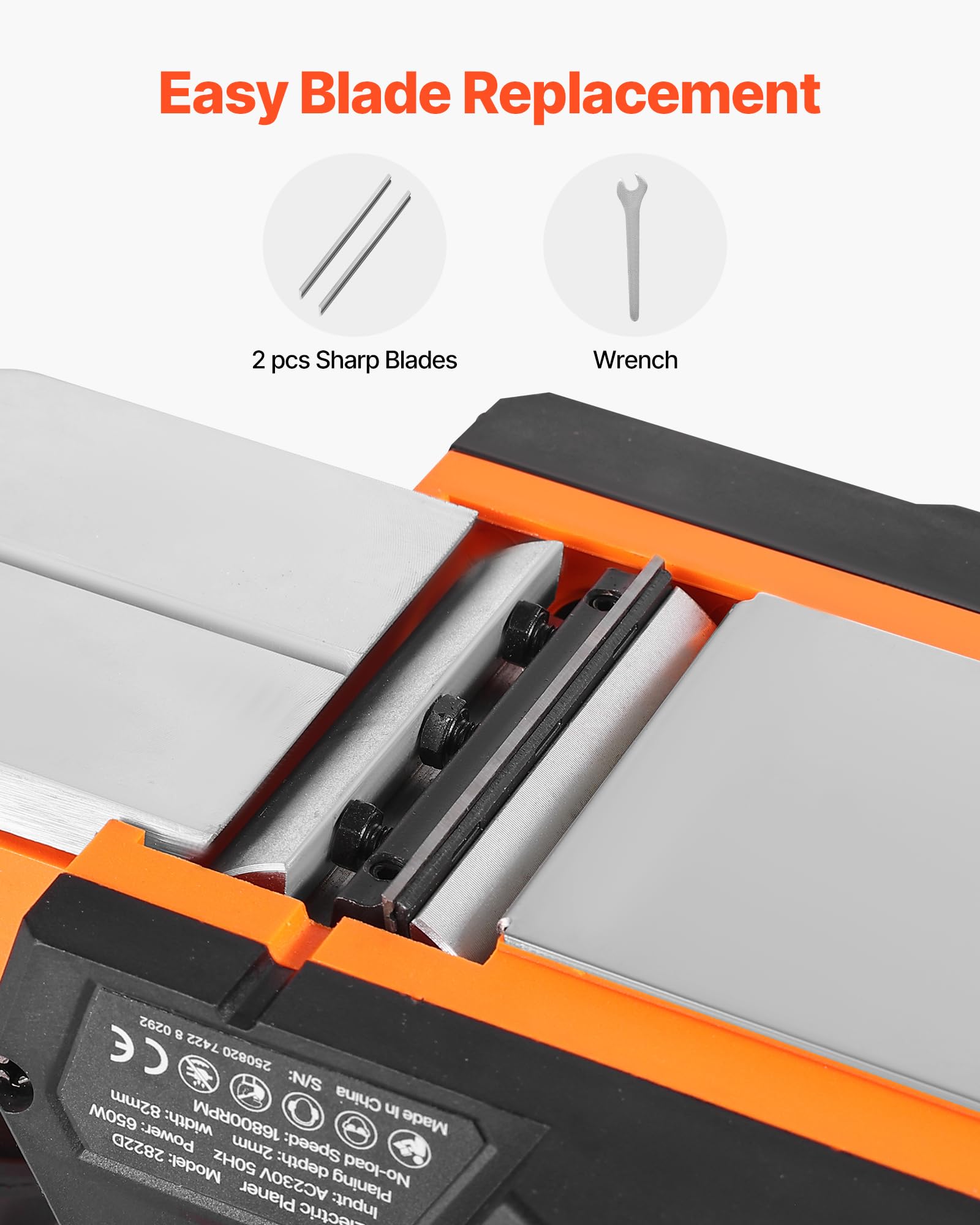 VEVOR Rabot Électrique Filaire Largeur de Coupe 82 mm Raboteuse à Bois à Main 650 W 16800 tr/min Profondeur Coupe Réglable 2 Lames Outil de Menuiserie pour Travail Chanfreinage Bois, Finition Lisse