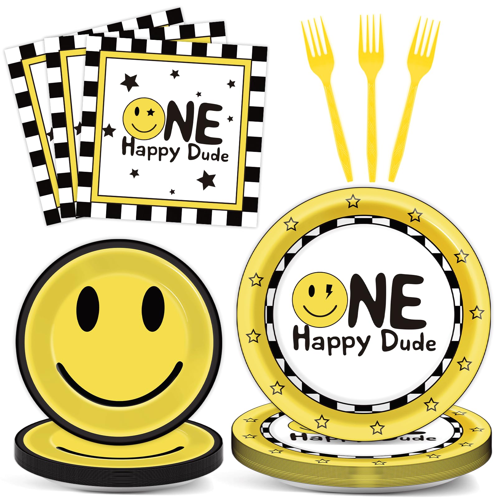 96PCS One Happy Dude Birthday Party plate Set Smile Face Party Decorations for 24 Guests Disposable One Happy Dude Dinnerware Plates Napkins Forks for Girls and Boys 1st Birthday Party Supplies