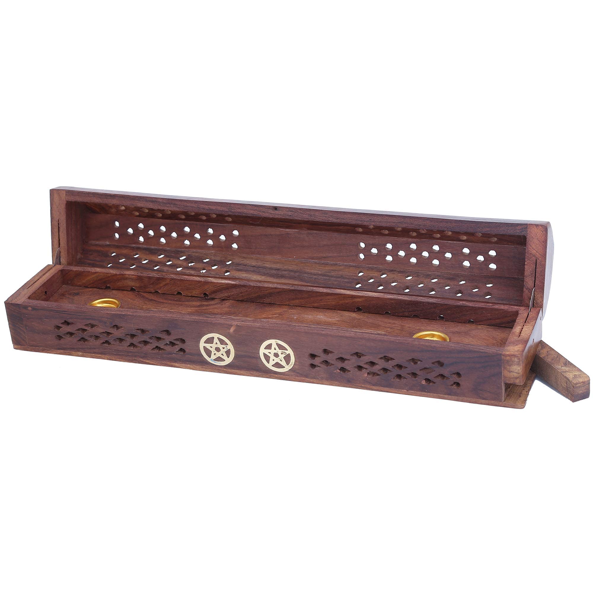 STORE INDYA Beautiful Handmade Wooden Incense Stick Holder Burner Storage Coffin Box - Ash Catcher With Brass Inlay -Home Utilities & Accessories -Meditation -Great Gift for Any Occasion 12x2 inch