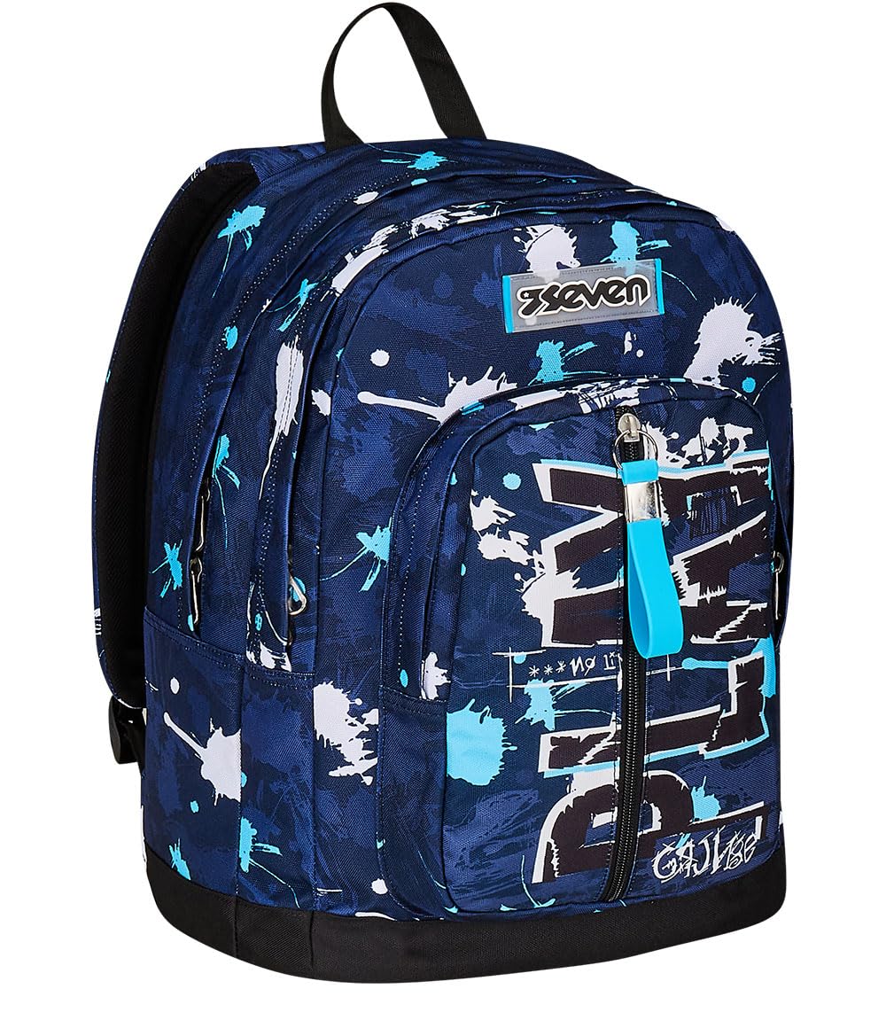 Seven Zaino Doppio Scomparto New Fit, SpottyBlue, Blu, Tasca Porta Borraccia, Maxi Capienza, Schienale Preformato, Zaino Scuola e Viaggio, Bambini e Ragazzi