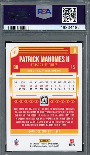 Miniatura 2 de Patrick Mahomes II 2018 Panini Donruss Optic Football Card #49 Graded PSA 9