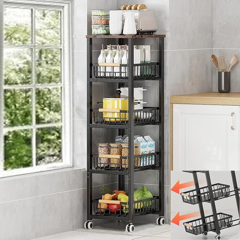 KOLENSA Fém Tárolódoboz Kerekekkel, Stackable Konyhai Szervező Polc, Gyümölcs Zöldség Kocsi