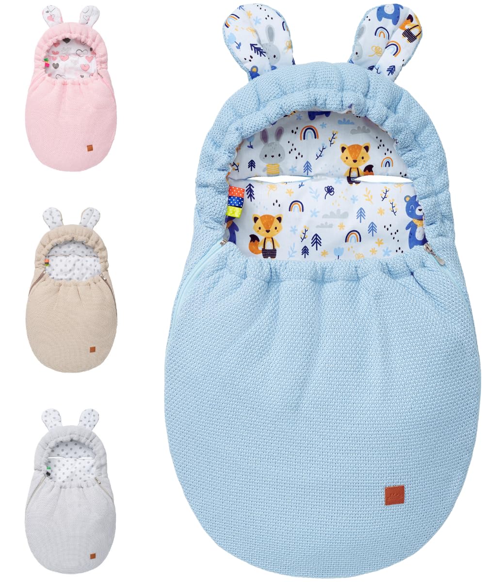 Mikos Einschlagdecke Babyschale Herbst Winter, Baby Fußsack mit Zip 100% Baumwolle GOTS Zert. Universal für Kinderwagen Buggys Maxi Cosi 3 Punkt Gurt Blau