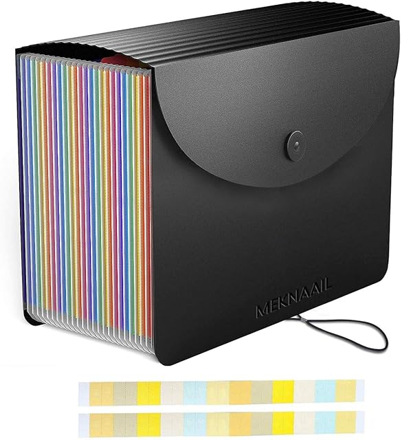 Meknaail File Organiser 24 Pockets Document Organiser Expanding Accordion Filing Folders for Paperwork A4 Size with Lid and Colour Labels Rainbow Document Box for Paper and File Storage (24 Pockets)