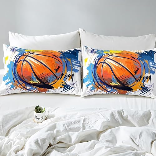 Miniatura 4 de Funda de edredón de baloncesto para niños, tamaño individual, juego de ropa de cama deportiva con 1 funda de almohada, decoración de habitación