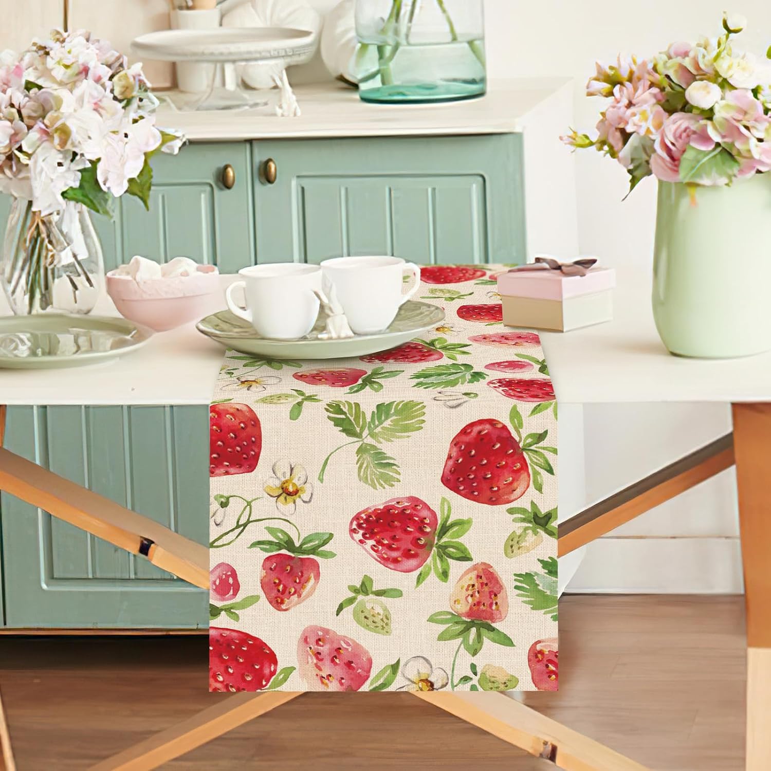 Spring Summer Strawberry Table Runner, Berry Sweet Fruit Flower image 5