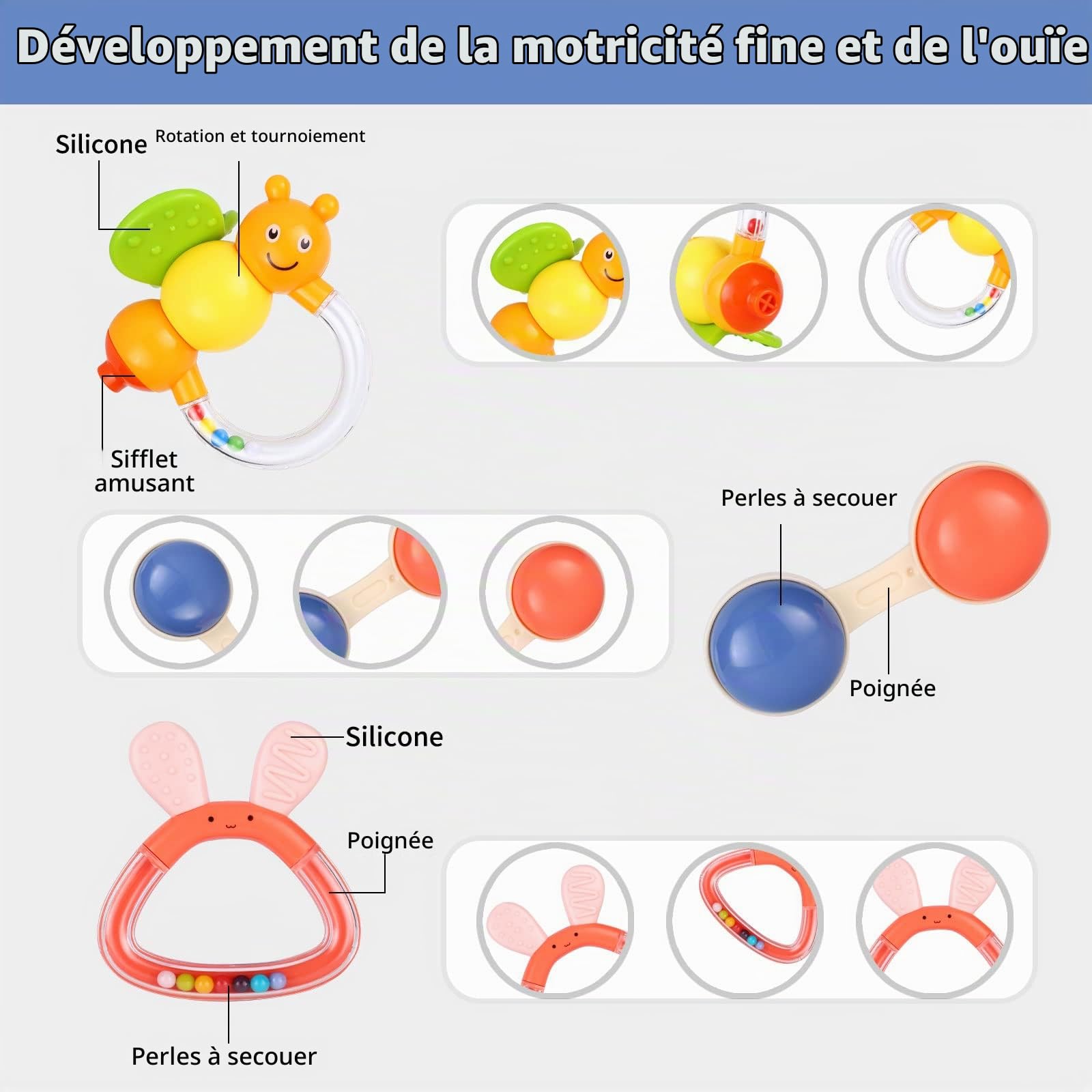MOONTOY Hochet de Dentition Ensemble Bébé Jouet Shaker Grab Hochet Bébé Infantile Nouveau-Né Jouets Jouets Éducatifs Tôt pour 3 6 9 12 Mois Garçons Filles Bébé Cadeaux