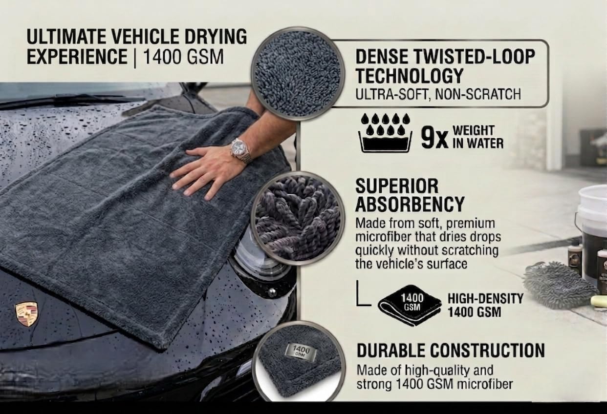 Automotive Detailing Twisted Loop Car Drying Towel, 1400GSM, 36"x24", Streak Free, Lint Free, Reusable, Microfiber Cleaning Cloth for Car, Truck, SUV, Lime Green