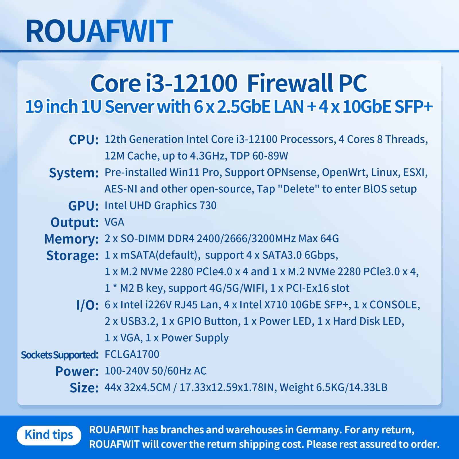 1U Firewall Appliance 10GBe, Core i3-12100, 4 x SFP+ X710 10Gbe, 6 x i226V 2.5GbE LAN, OPNsense, Network Rackmount 19 inch, DDR4 16G RAM 512G SSD