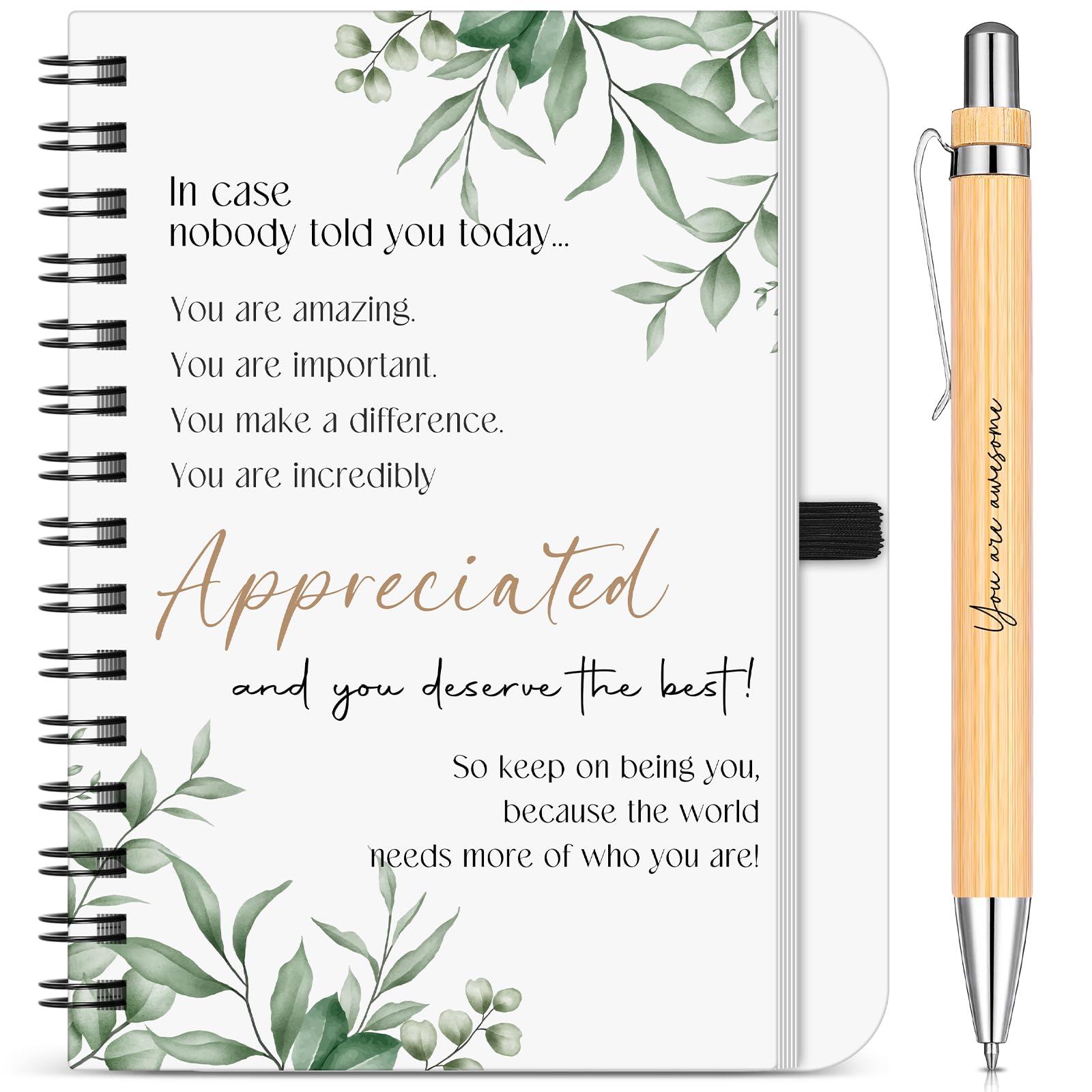 Sinmoe Inspirational Gift Set Spiral Notebooks with Bamboo Pen Elegant Watercolor Botanical Notebook Journal Thank You Gifts for Women Men Friends Pocket Notepads for Office Home Gift Supplies