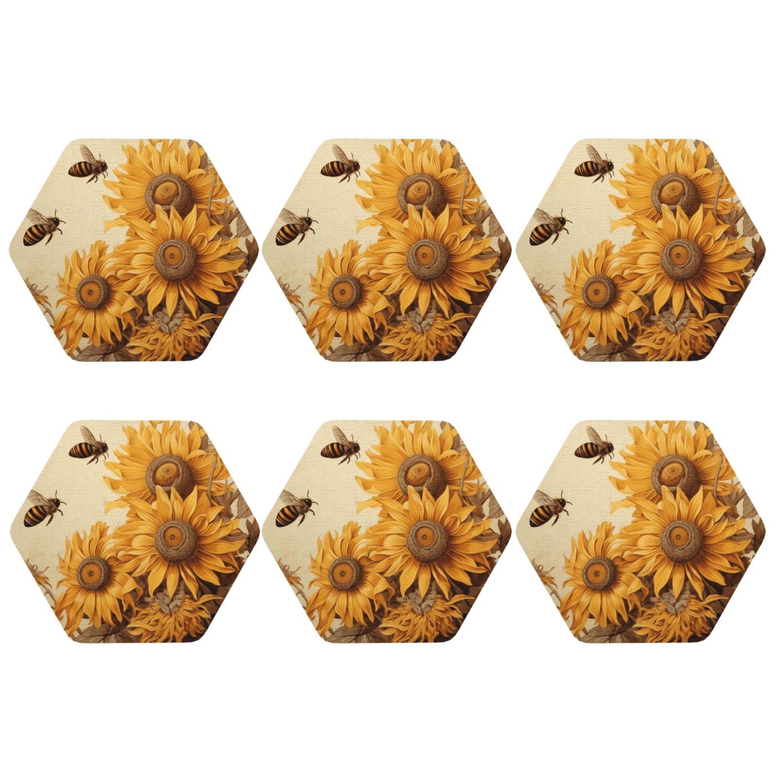 6pcs Leather Coasters for Drinks, Bees and Sunflowers Drink Coasters for Tabletop Protection, 4" Cup Coasters for Coffee Table Decor, Non-Slip Drinking Cup Mat for Hot Or Cold Drink