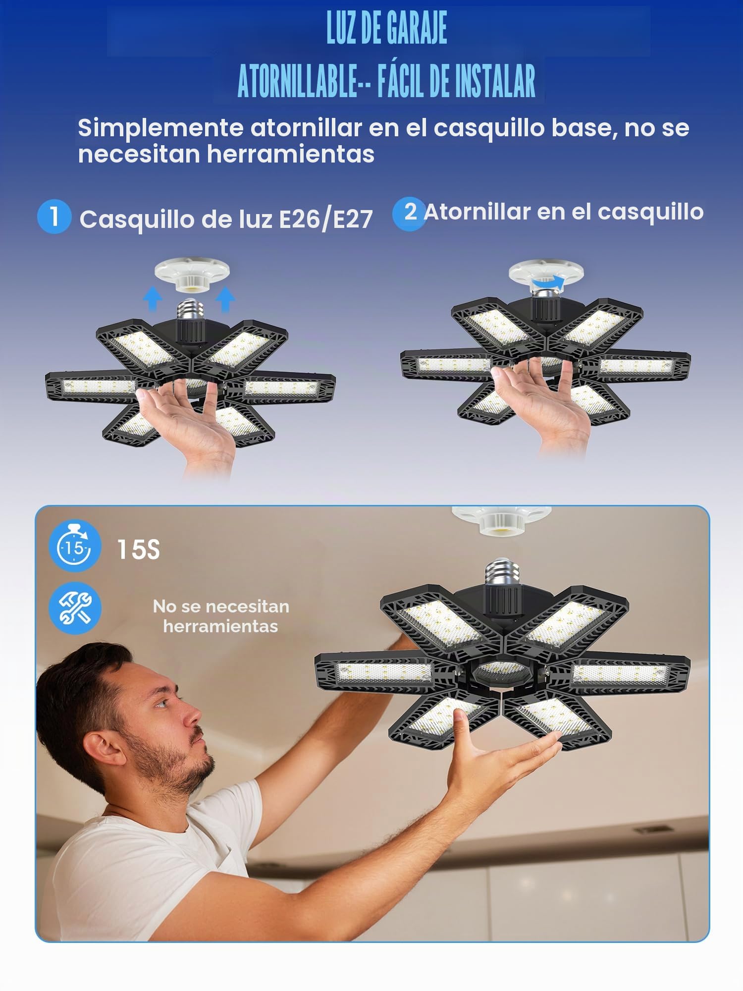 YIQIBRO Lámpara de Garaje 185W 6 Piezas, 18500LM Lámpara de Techo de Taller con 6+1 paneles Ajustables, 6500K Focos LED Interior, Iluminación de Taller Industrial para Garaje,Almacén,Oficina,Sótano