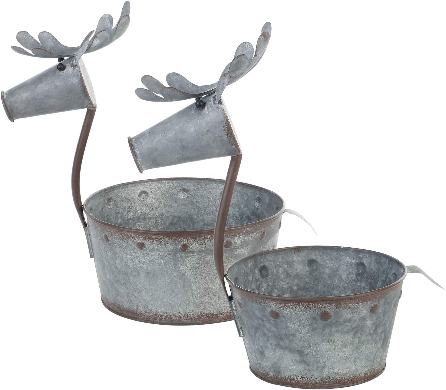 Napco Galvanized Silvertone Deer 12.25 x 8.25 Metal Decorative Christmas Planter, Set of 2