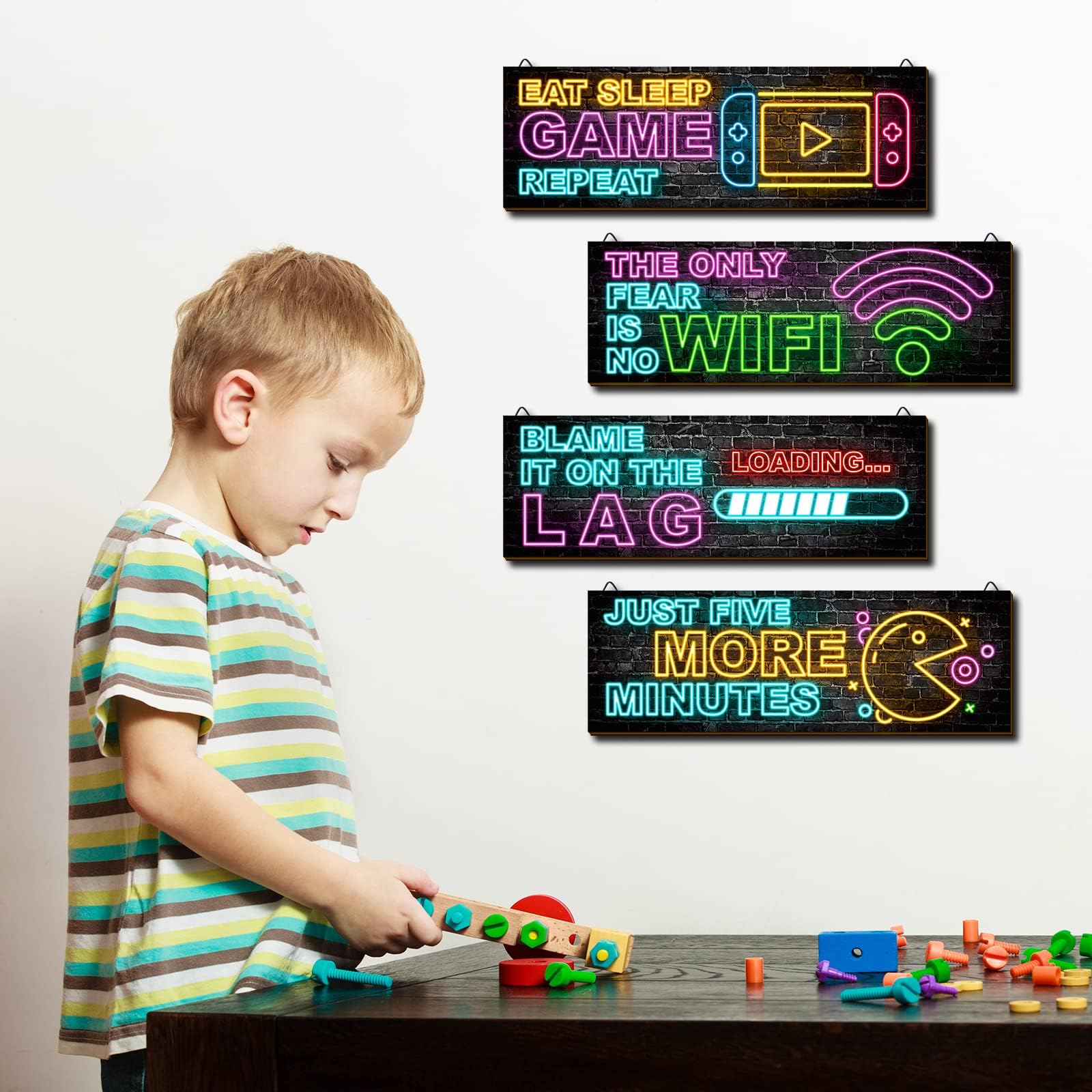 clothmile 4 Stück Neon-Gaming-Dekoration für Jungenzimmer, Holz-Videospiel, Wandkunst, motivierendes Zitat, Gamer, inspirierende Wanddekoration für Jungen, Kinderzimmer, Spielzimmer, Dekorationen (b)