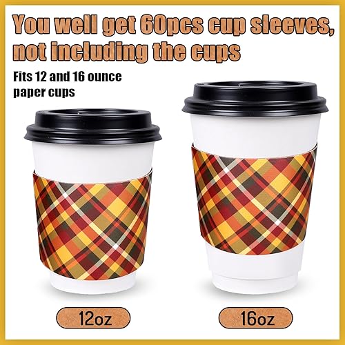 Miniatura 3 de Whaline Paquete de 60 fundas para tazas de café a cuadros de otoño, desechables, de papel kraft para tazas de café de 12 y 16 onzas, para otoño,