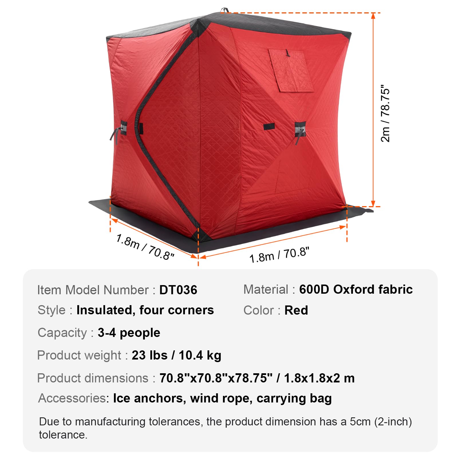 VEVOR Abri de Pêche sur Glace 1,8x1,8x2 m Tente Escamotable Portable Isolant Thermique Tissu Oxford