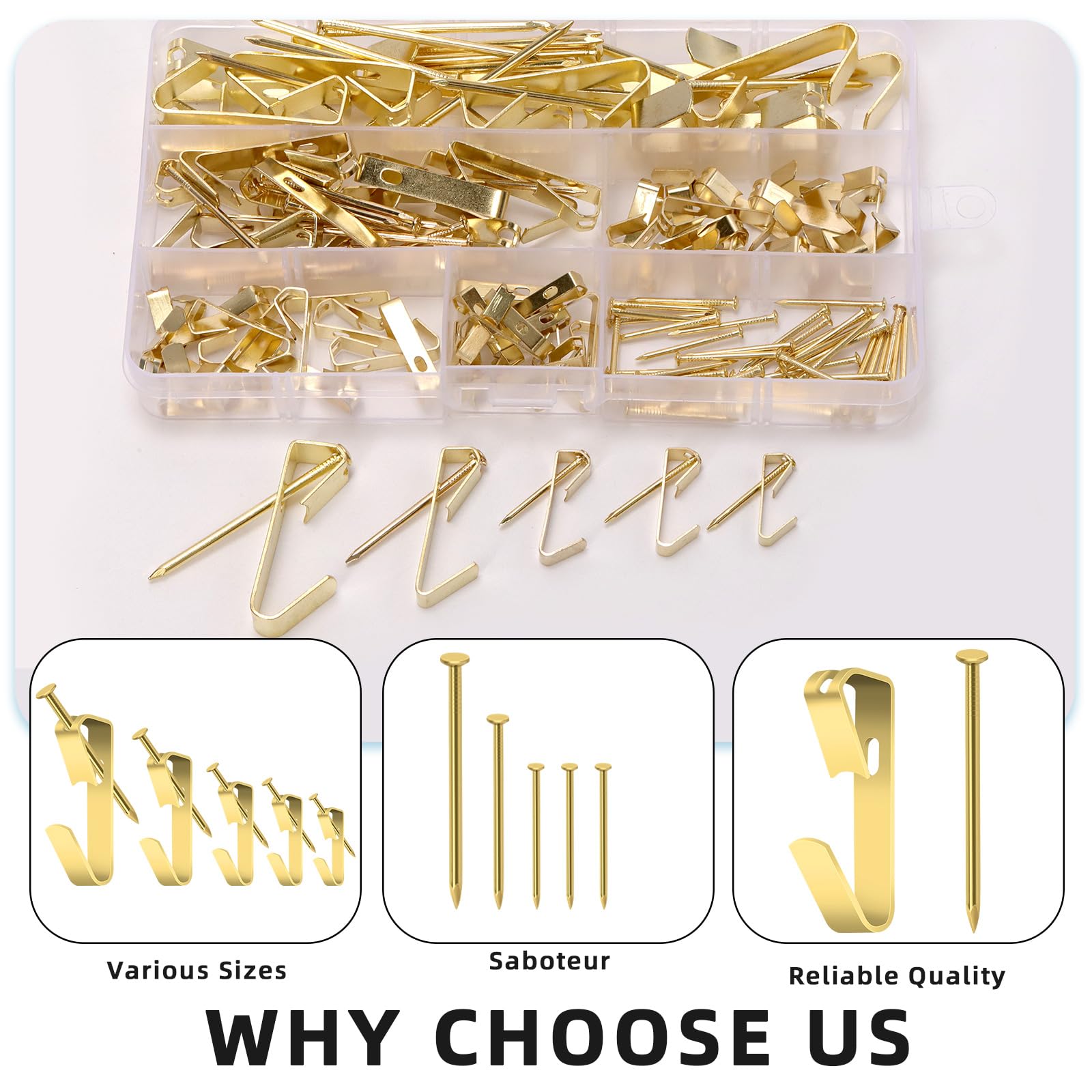 Glarks 75pcs 10lb/20lb/30lb/50lb/100lb Picture Hangers Hooks with Nails Kit, Golden Picture Photo Hanging Hooks with Nails - Image 3
