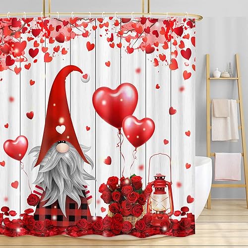 Miniatura 2 de Cortina de ducha de San Valentín, cortina de baño de rosas para el día de San Valentín, romántica casa de campo de búfalo rojo, gnomos a cuadros,
