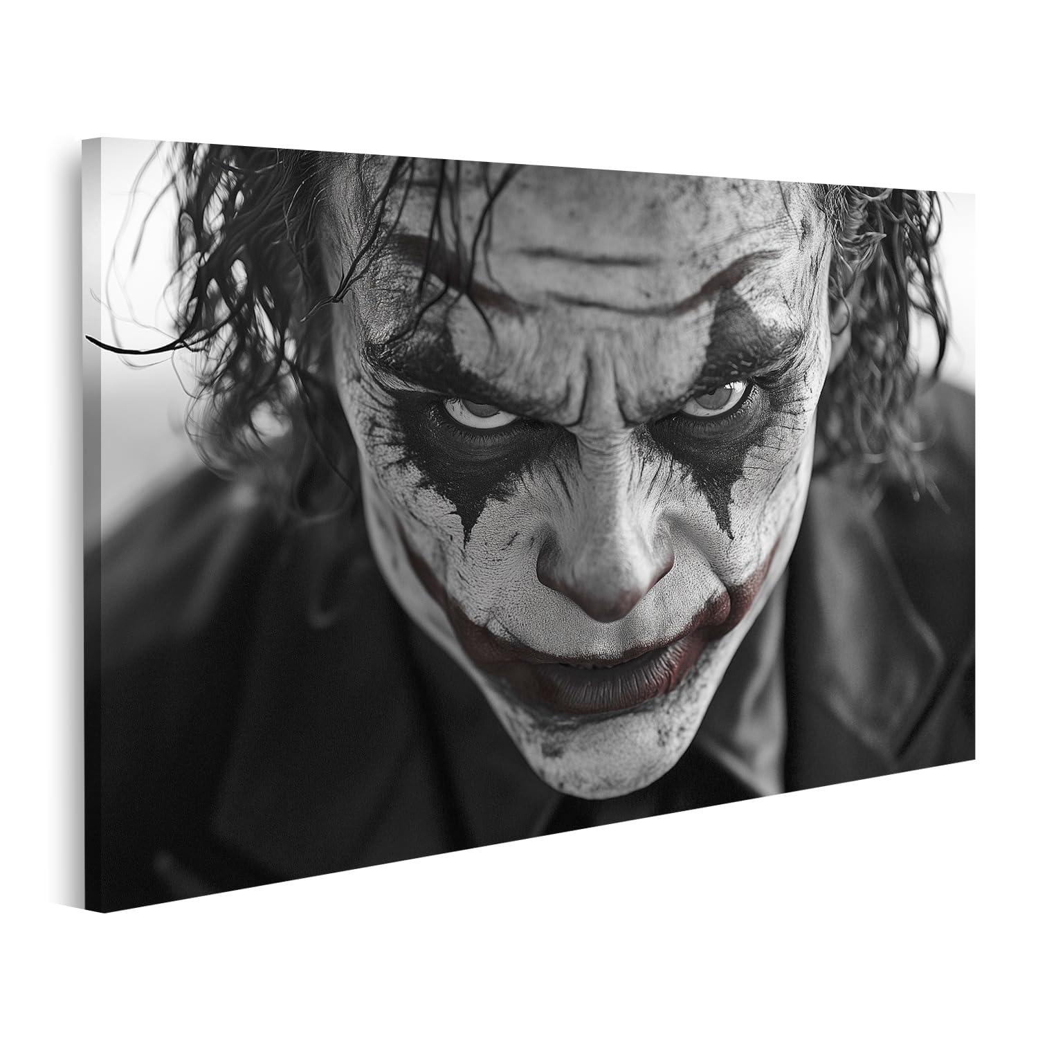 bilderfelix Quadro su tela Primo piano inquietante di un uomo in costume e trucco da Joker - Tela 100x57 cm