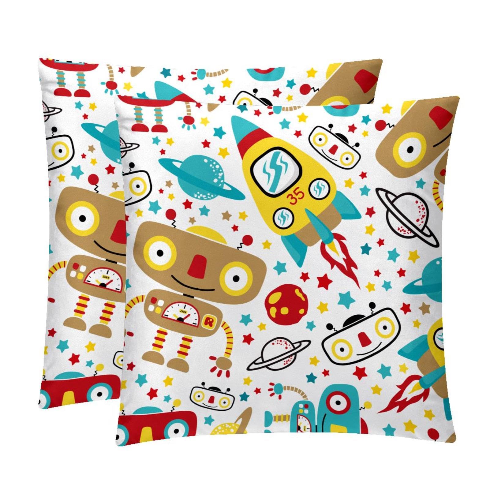 TDGKPZ Robot Rocket Planet Throw Pillow Cases 2 Pack Pillowcases Zipper Cushion Covers For Bedroom Living Room 45x45cm