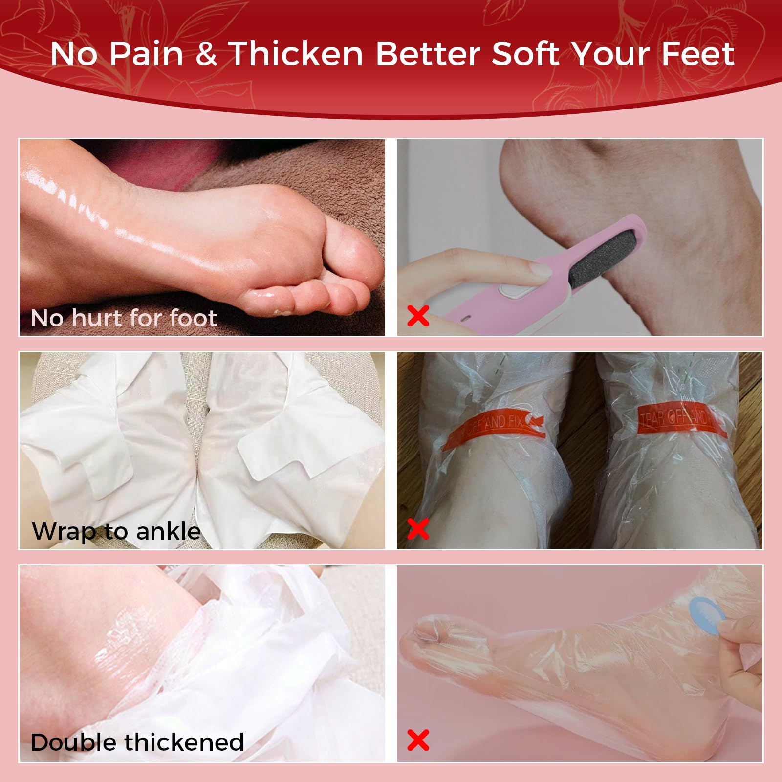Maschera per Piedi 3 Paia, Trattamento Nutriente per Piedi, Ripara Talloni e Ammorbidisce Pelle Morta Secca, Foot Mask, Senza Peeling(Rose)