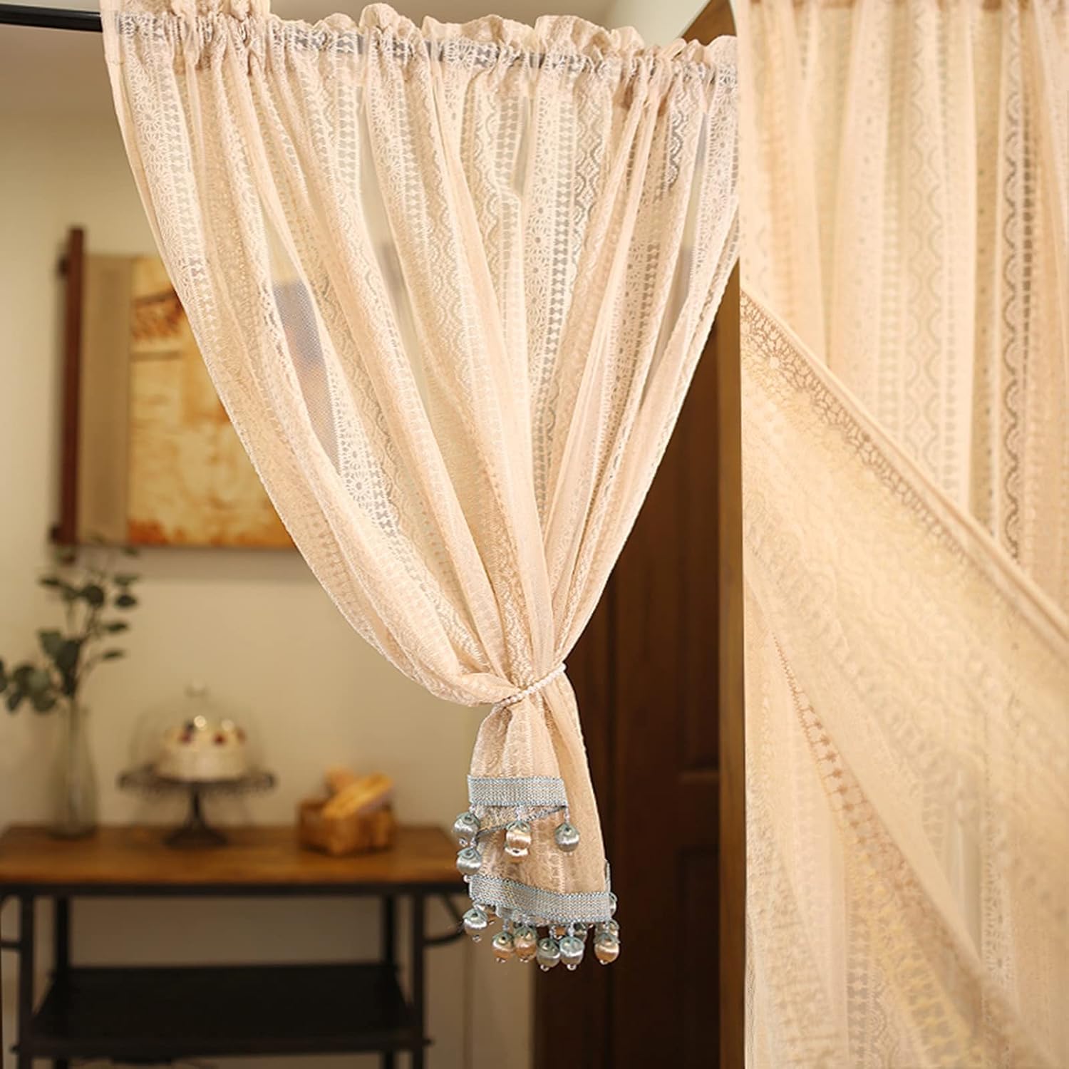 Lace Short Kitchen Curtain Valance, Curtains for Dining Room, Windows, Kitchen, Door, Cabinet Multiple Sizes(W:120cm*H:200cm)