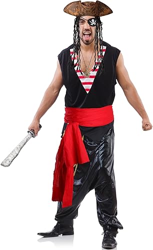 Miniatura 7 de Juego de 5 piezas de disfraz de pirata de Halloween, sombrero de pirata con rastas y aretes, collar de calavera, parche en los ojos, banda grande