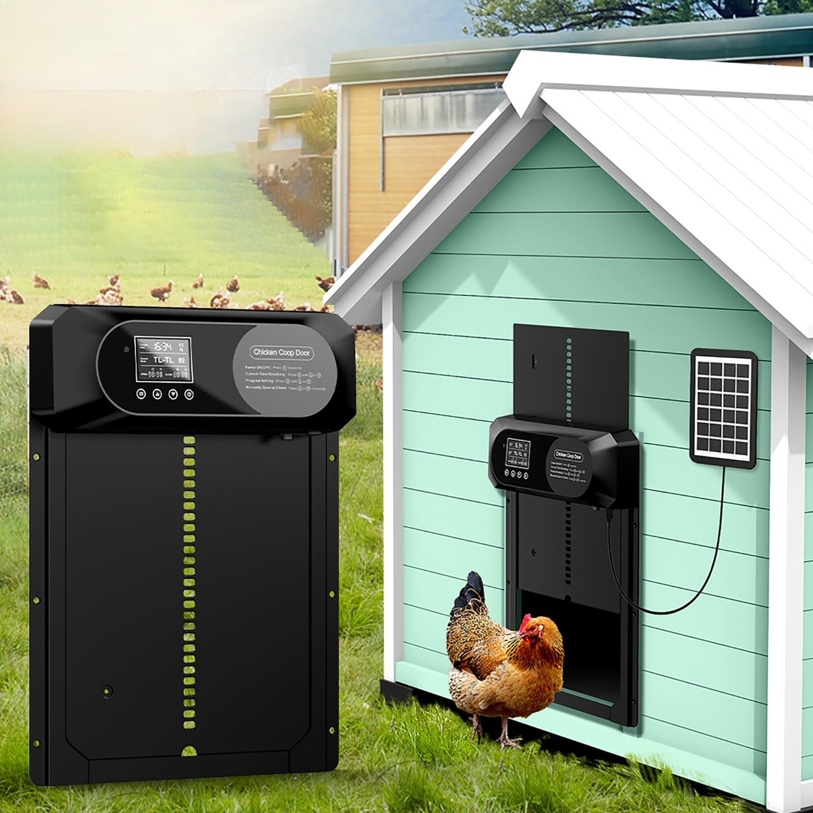NEONMAN Porta Automatica Pollaio, Apriporta Automatico per Pollaio 4 modalità di Funzionamento Sicurezza Anti-pizzicamento Ampio Display, Adatto al Pollame