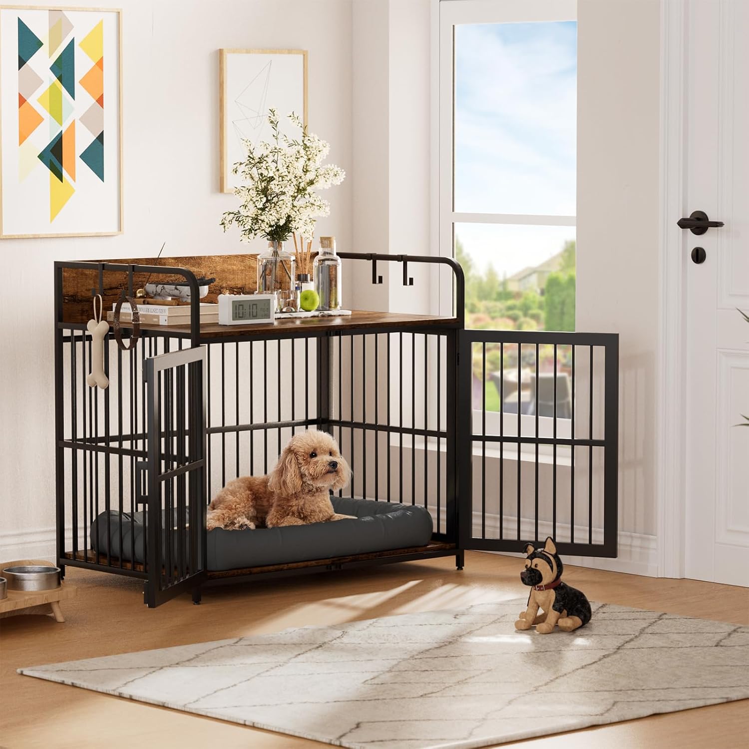 Dog Crate Furniture 32" Wooden Heavy Duty Dog Kennel with Double Doors Decorative Indoor Dogs House Side End Table