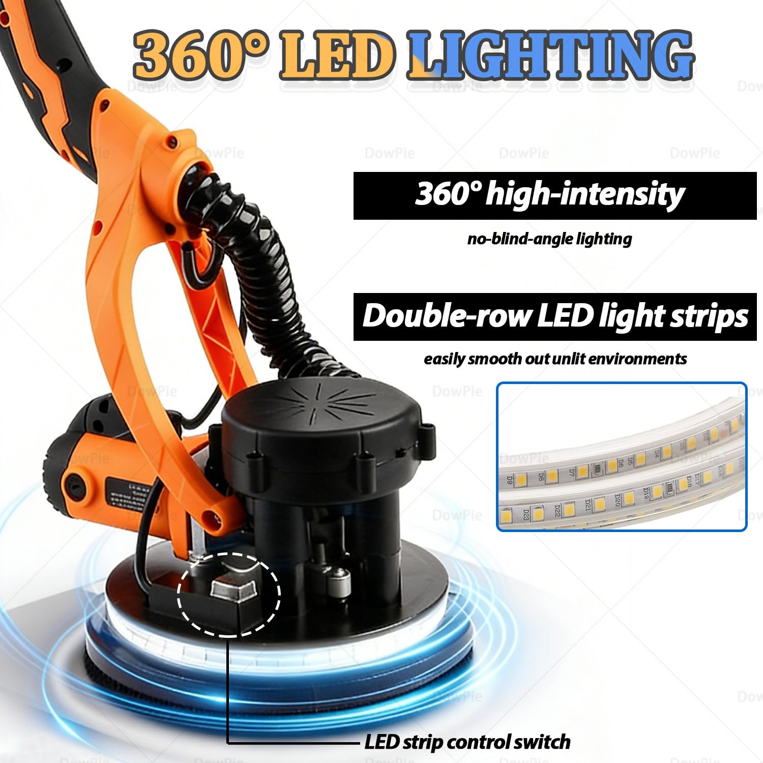 Lijadora eléctrica para paneles de yeso con velocidad de 500-2000 rpm, luz LED, poste extensible y 12 discos de lijado, mochila de almacenamiento portátil incluida