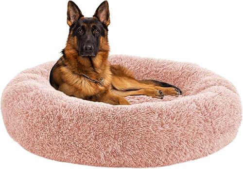 Miniatura 10 de Camas calmantes para perros grandes, cama para perros acolchonada de dona de piel sintética, almohada redonda y esponjosa, cama lavable para