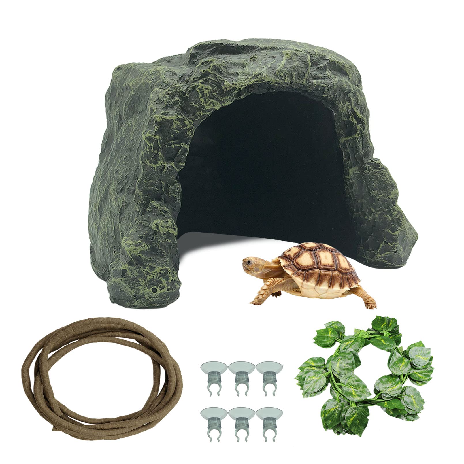 Tfwadmx Reptile Hideout, Tortoise Shelter, Tortoise Hide Cave, Turtles Hideout with Bendable Vines Leaves, Rock Cave Habitat Hidden for Turtles Tortoise Bearded Dragons Lizards Geckos Snakes
