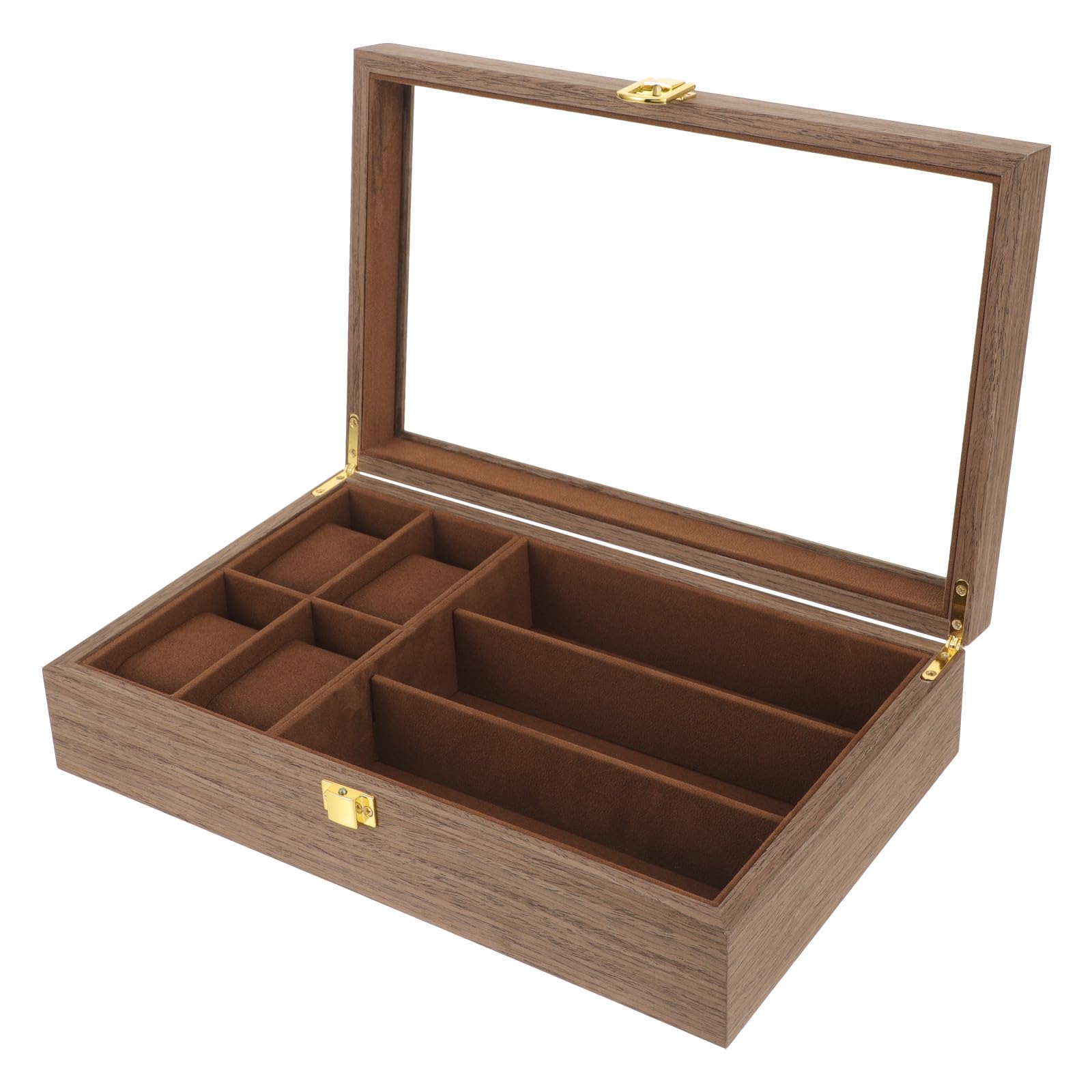 Gatuida Caja para Relojes y Gafas de Madera Marrón Gran Capacidad, Diseño Multi-rejilla, Tapa Incluida, Adecuado para Viajar y Organizar Joyas
