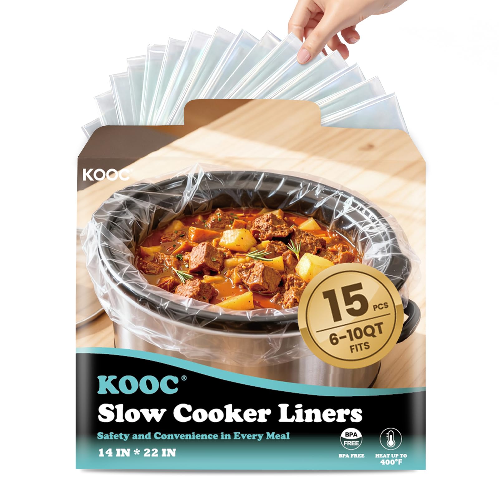 KOOC Slow Cooker Liners, 15 count 14" x 22" Extra Large Size Cooking Bags Fits 6-10 Quart Pots, Disposable Pot Liners Suitable for Oval & Round & Retangular Pot - 1