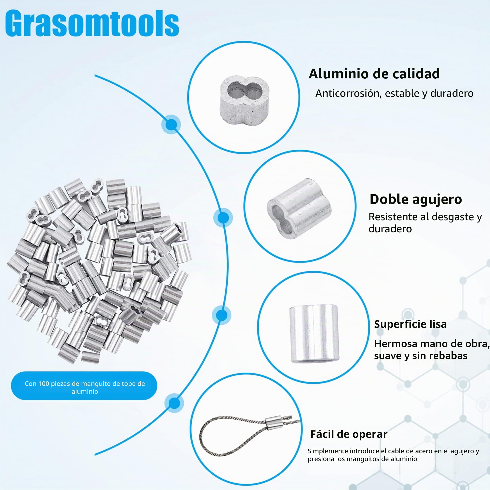 Herramienta de crimpado de cable de acero, kit de 100 piezas, manguitos de aluminio de doble barril, hasta 2,2 mm