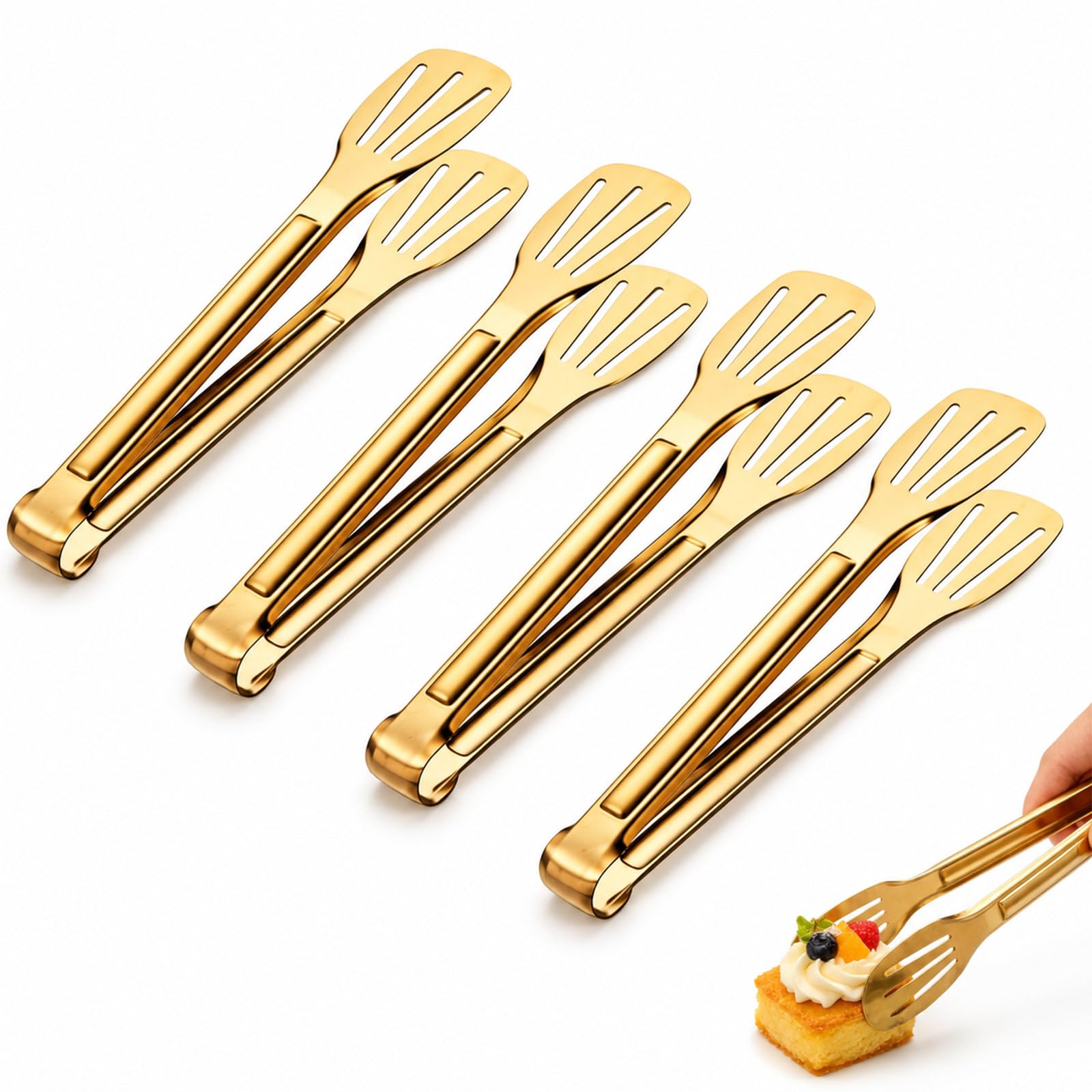4 PCS Stainless Steel Food Serving Tongs, 7 Inches Tongs for Serving Food, Metal Tongs with Three Line Hollow Design for Buffet Tongs, Cooking Cakes, Meats, Steaks and Deep Frying(Gold)