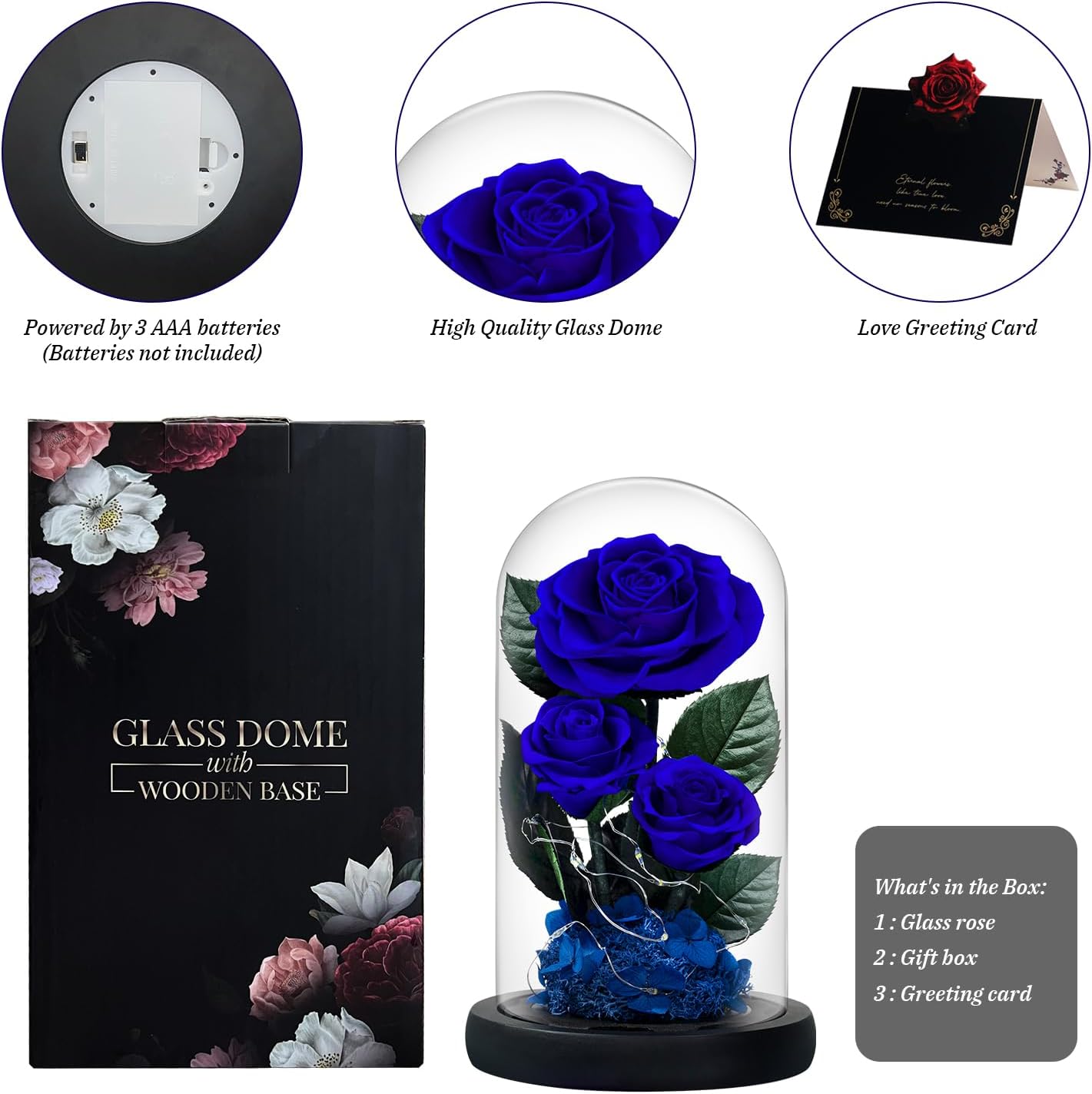 3 Preserved Flowers Roses in Glass Dome with Light for Beauty and The Beast Decor Real Rosas Eternas for Women Mom Birthday,Forever Blue Roses for Delivery,Christmas for Wife Girlfriend Her - Image 4