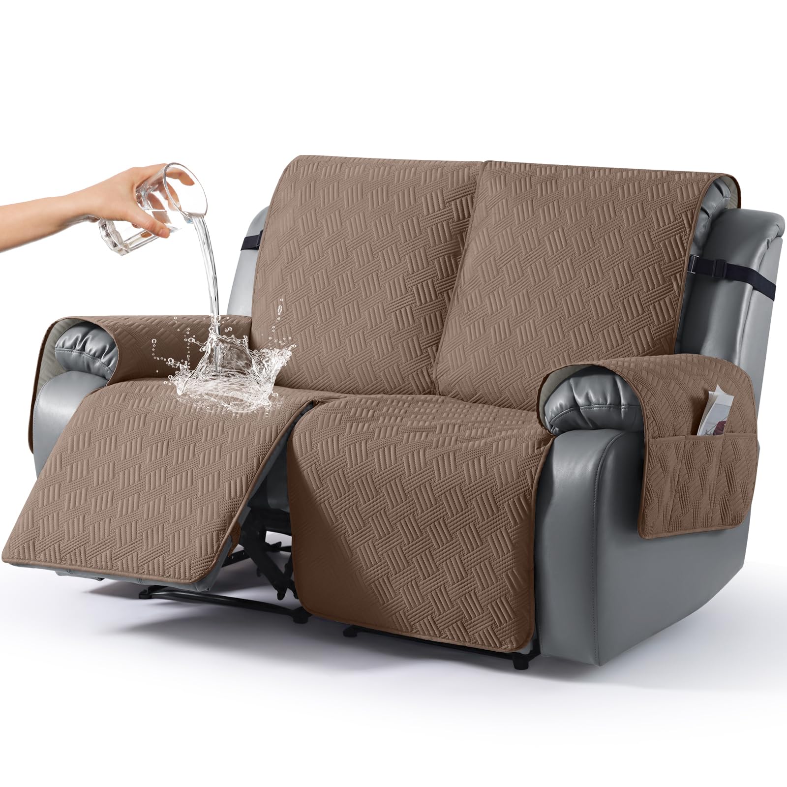 KinCam Waterproof Recliner Chair Cover, Armchair Slipcover with Elastic Straps & Side Pocket, Anti Slip Couch Cover Sofa Protector for Dogs & Pets, Washable Armchair Cover 2 Seater, Brown