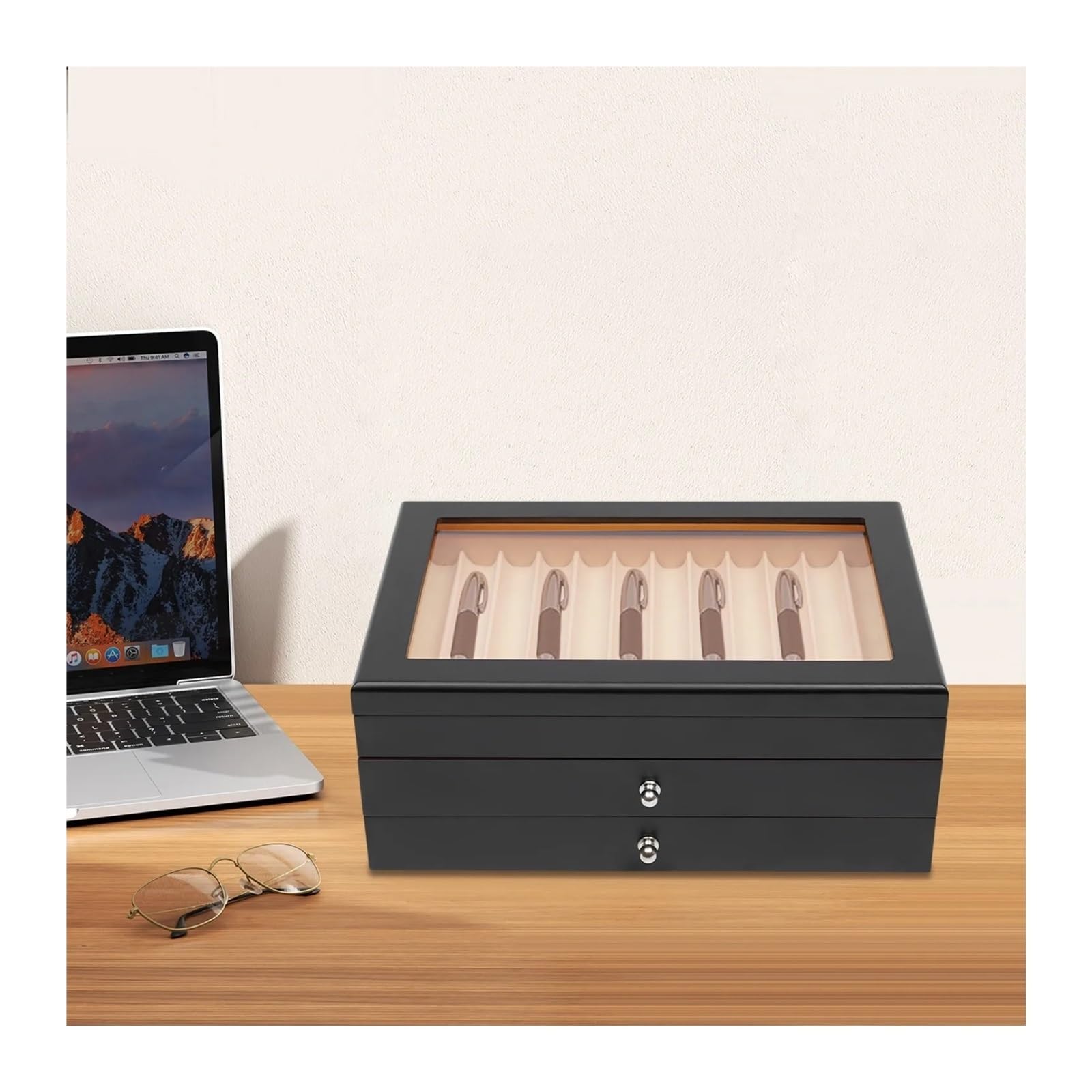 Scatola portapenne in legno a 3 strati con 34 scomparti for penne, espositore for finestra in vetro Per Ufficio Casa